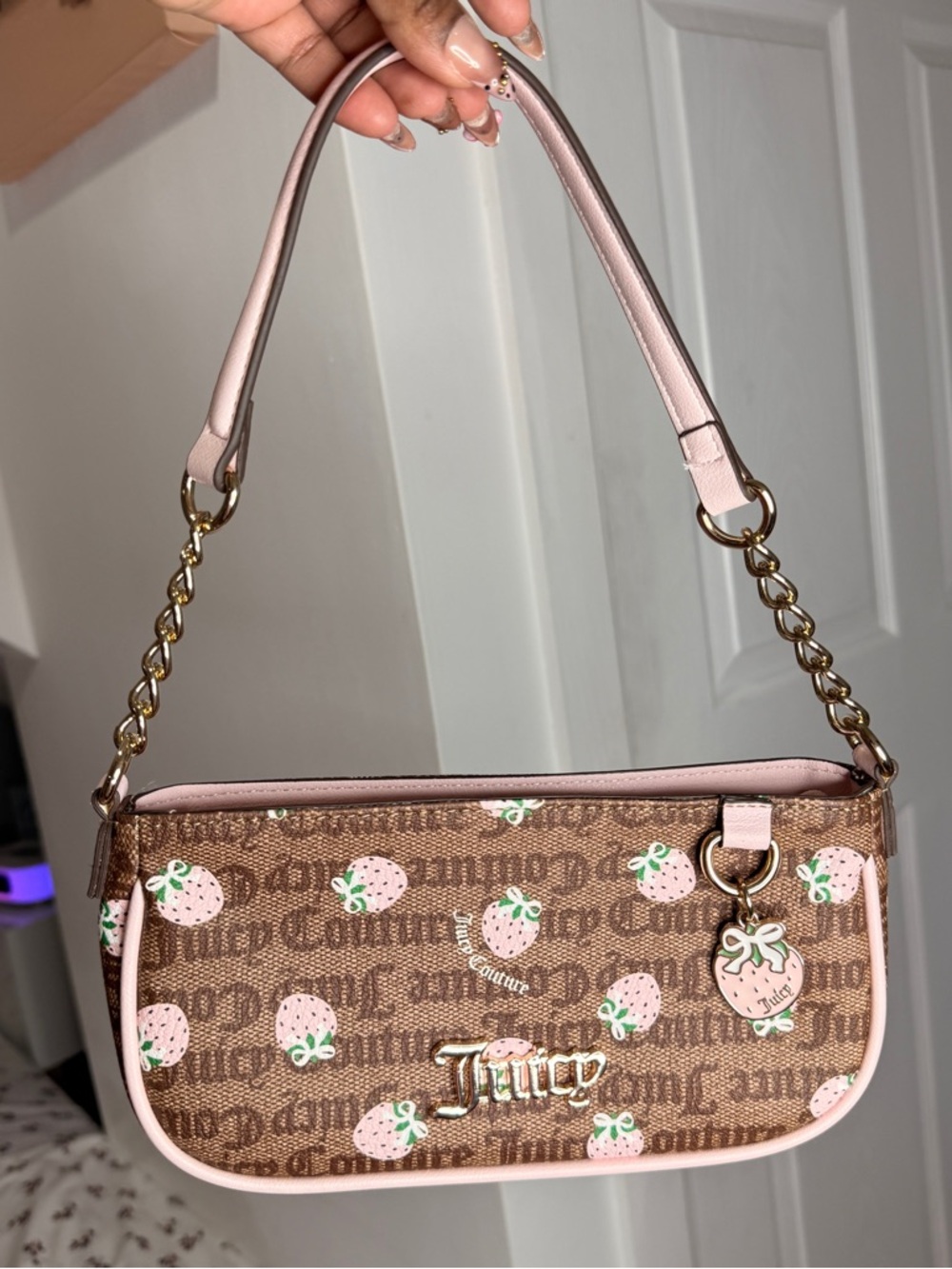 Juicy Couture Berry Sweet Brown Monogram Shoulder Bag with Pink Strawberry Print
